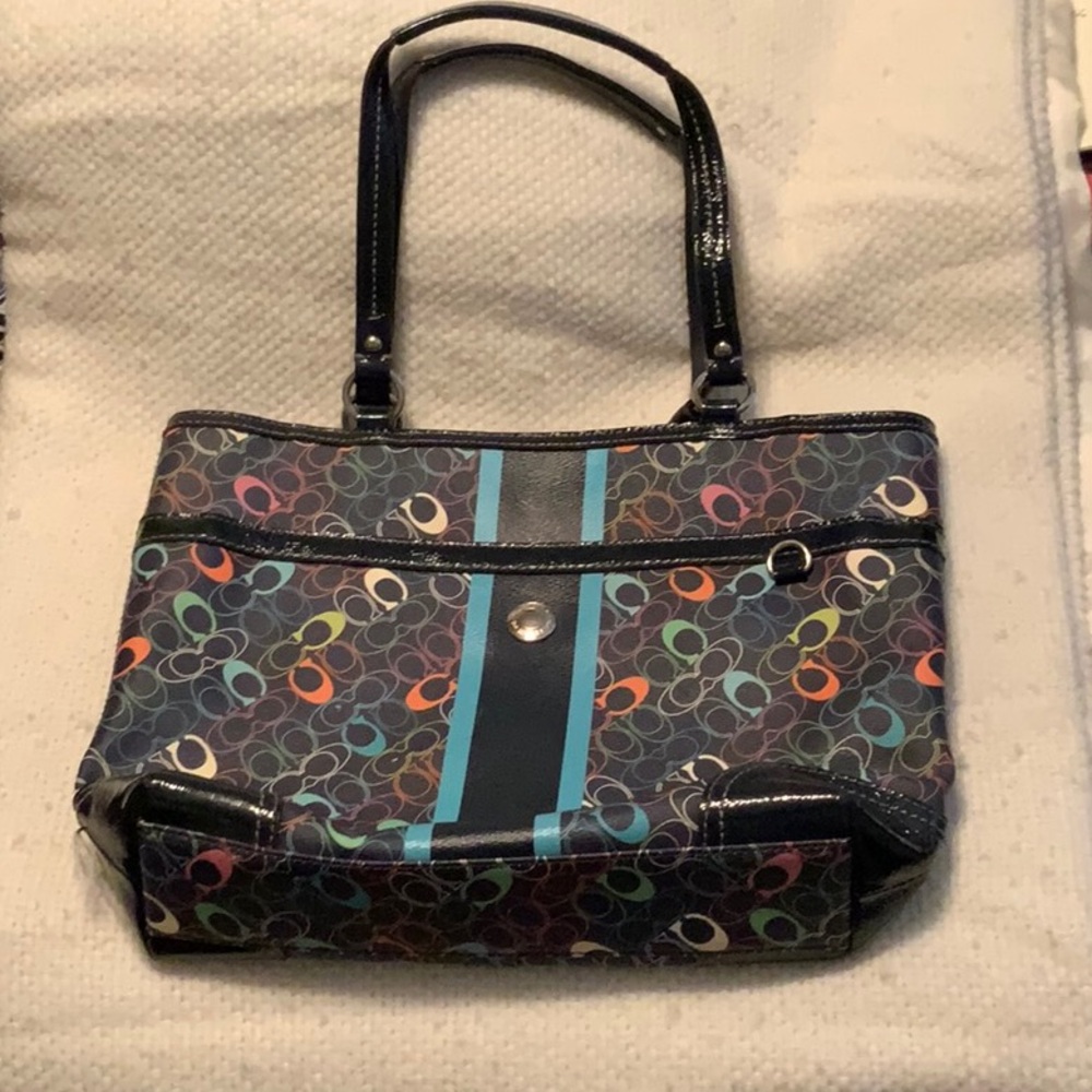 Coach Navy Signature Tote with Leather Trim